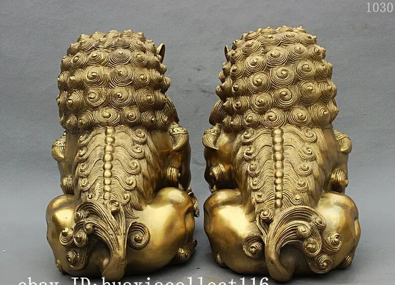 

11" Chinese Palace FengShui Pure Brass Guardion Fu Foo Dog Evil Lion Statue Pair