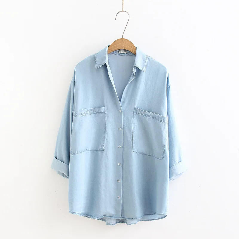 

Womens Denim Shirt Chic Jeans soft Long Sleeve Shirts Oversized Fashion Blouses female tops