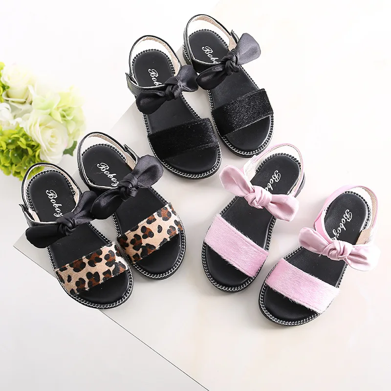 2020 New Girls Sandals Summer Kids Shoes Non-slip Baby Toddler Children Beach Party Black Leopard Bow Princess |
