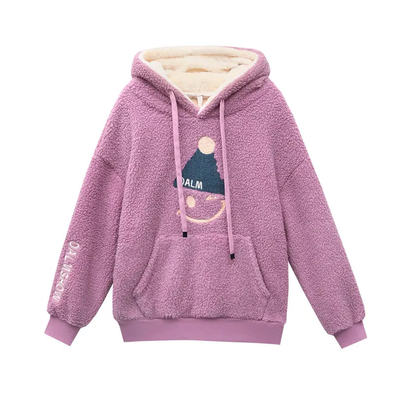 

Winter Loose Version Of Lamb Plush Thick Plus Velvet Women Hoodie Letter Embroidery Christmas Warm Ladies Sweatshirt Woman Tops