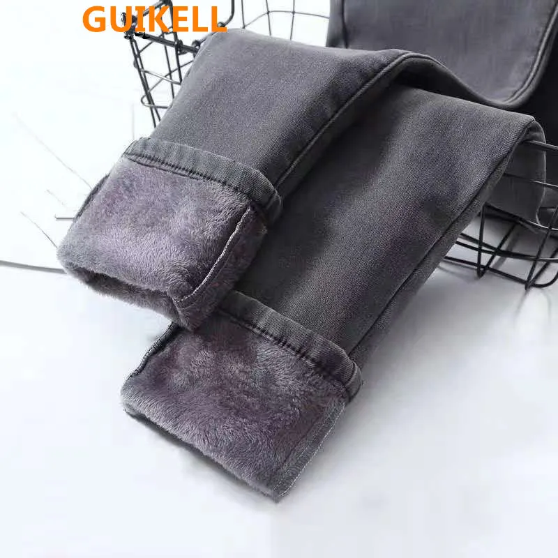 

GUIKELL High Waist Warm Jeans For Women Blue Female Black Winter Jeans Femme Ladies Trousers Warm Pants