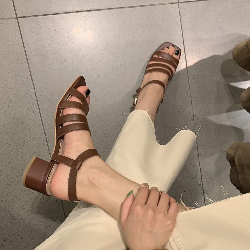 

VERCONAS Women Brand Design Vintage Thick Heel Buckle Genuine Leather Square Toe Shallow Wild Sandals Thick Heels Shoes Woman