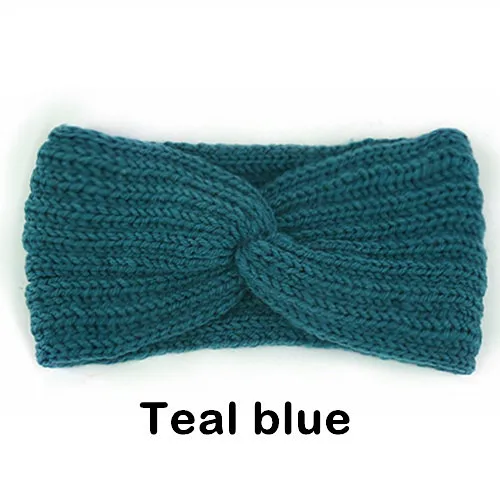 Teal blue Зимняя теплая вязаная повязка на голову для женщин, шерстяная повязка на голову с вязаным узлом, тюрбан, повязка на голову для ушей, теплые повязки на голову, женские аксессуары для волос - Цвет: Teal blue