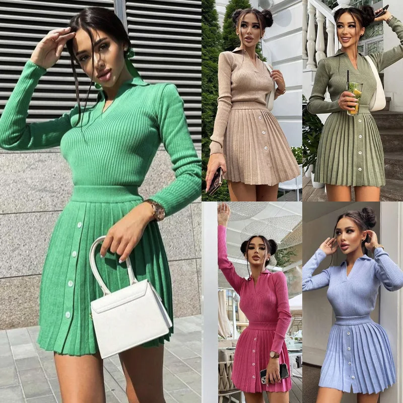 

Casual Sweet V-neck Long Sleeve Stretch Knit Top + Pleated Knit Skirt Women Chic Shirt and Skirt One Set