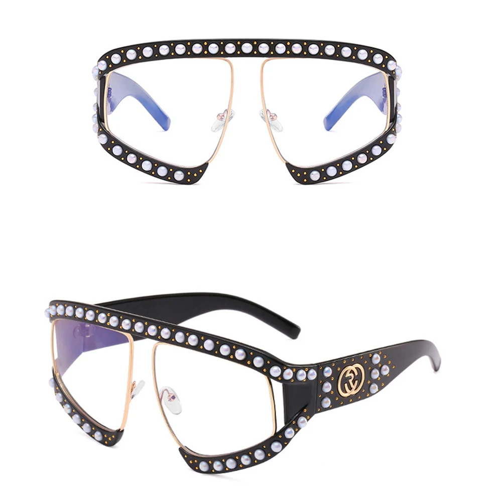 

Luxury Brand Fashion Pearl Large Plastic Frame Sunglasses Men Women Pink Red Green Black Flat Lens Sun Protective Glasses