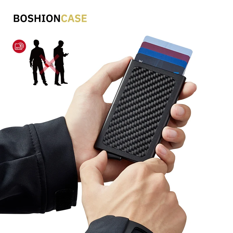 

BOSHIONCASE Carbon Fiber Wallet Slim Mini Aluminum Metal Anti-Theft Rfid Credit Card Holder Fashion Pop Up Bank Case Porte Carte