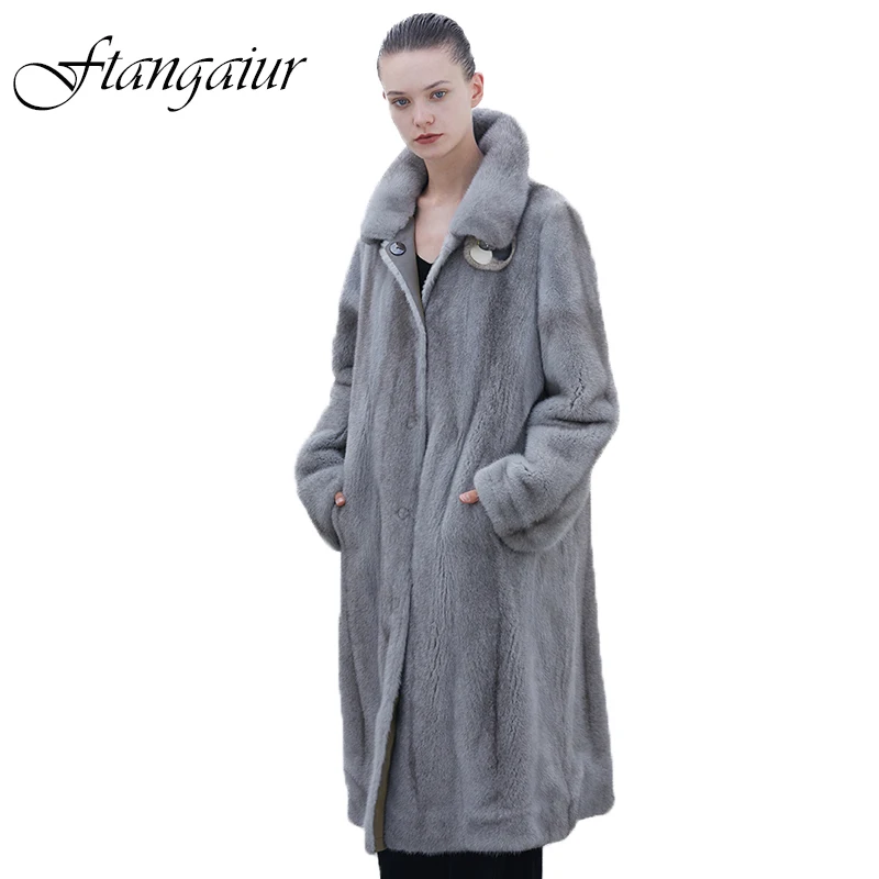 

Ftangaiur New Winter Import Cross Mink Fur Coat Pure Silver Color Silm Mink Coat Women X-Long Natural Real Mink Fur Coats