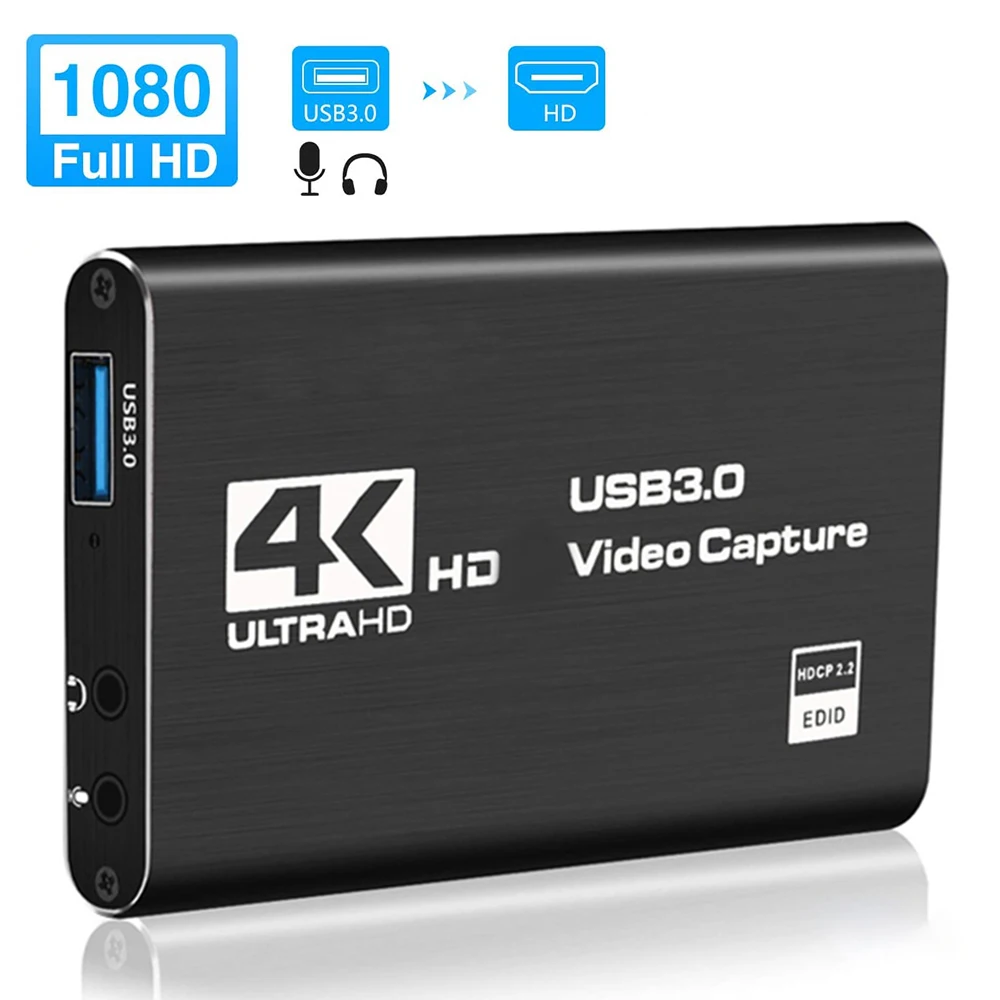 

Карта видеозахвата USB3.0 4K 60 Гц, HDMI-совместимая с USB-адаптером для потокового видео игр, прямых трансляций, вещания, аксессуары