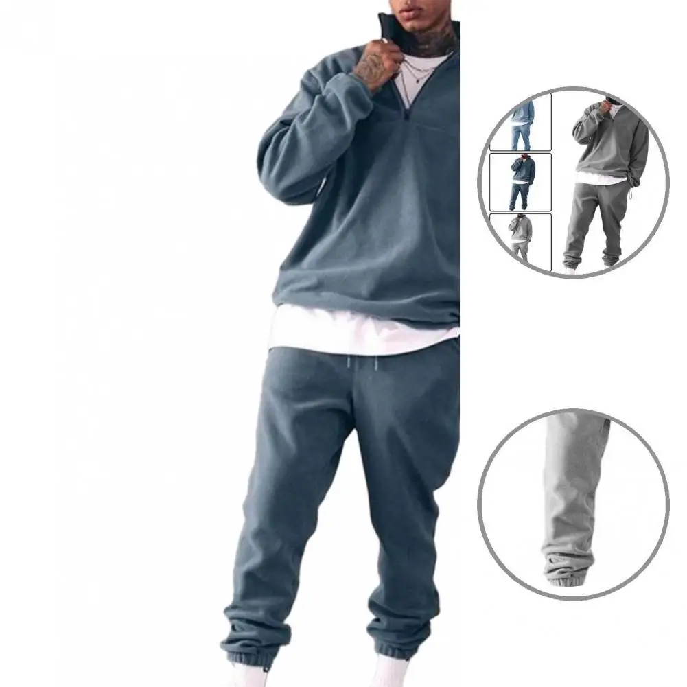 

2 Pieces Stylish Thicken Warm Men Sportswear Set Skin-friendly Sweatshirt Pants Set Solid Color for Fitness