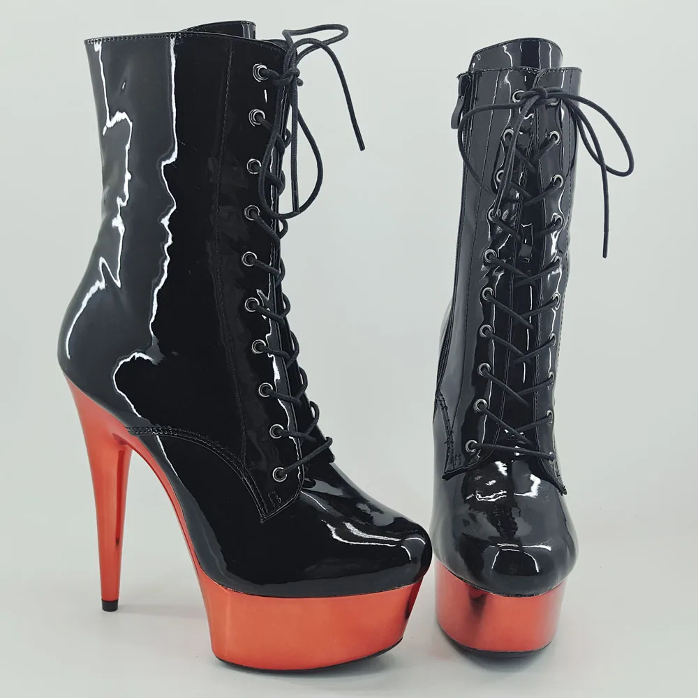 Leecabe 15CM/6Inches RED platform with Shinny black upper High Heel platform Boots Closed toe  Pole Dance boot