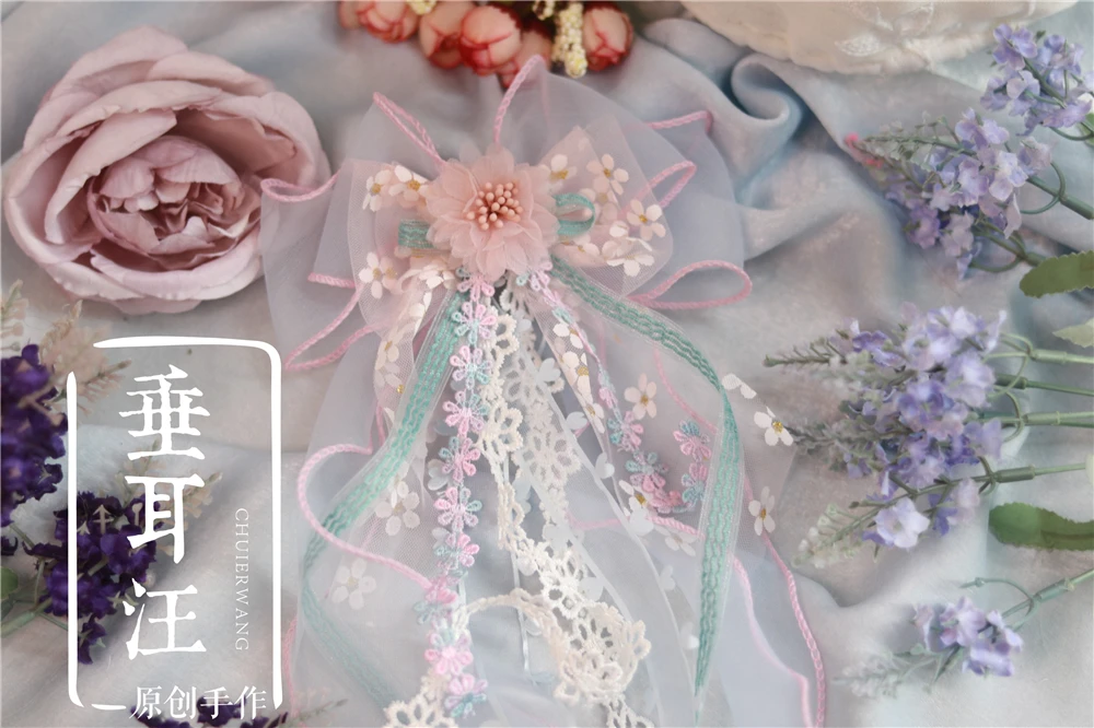 

Original Lolita China Ancient style Hair accessories Girly Cosplay Hanfu Tea Party Pink Blue Lace Bowknot hairpin Side clip