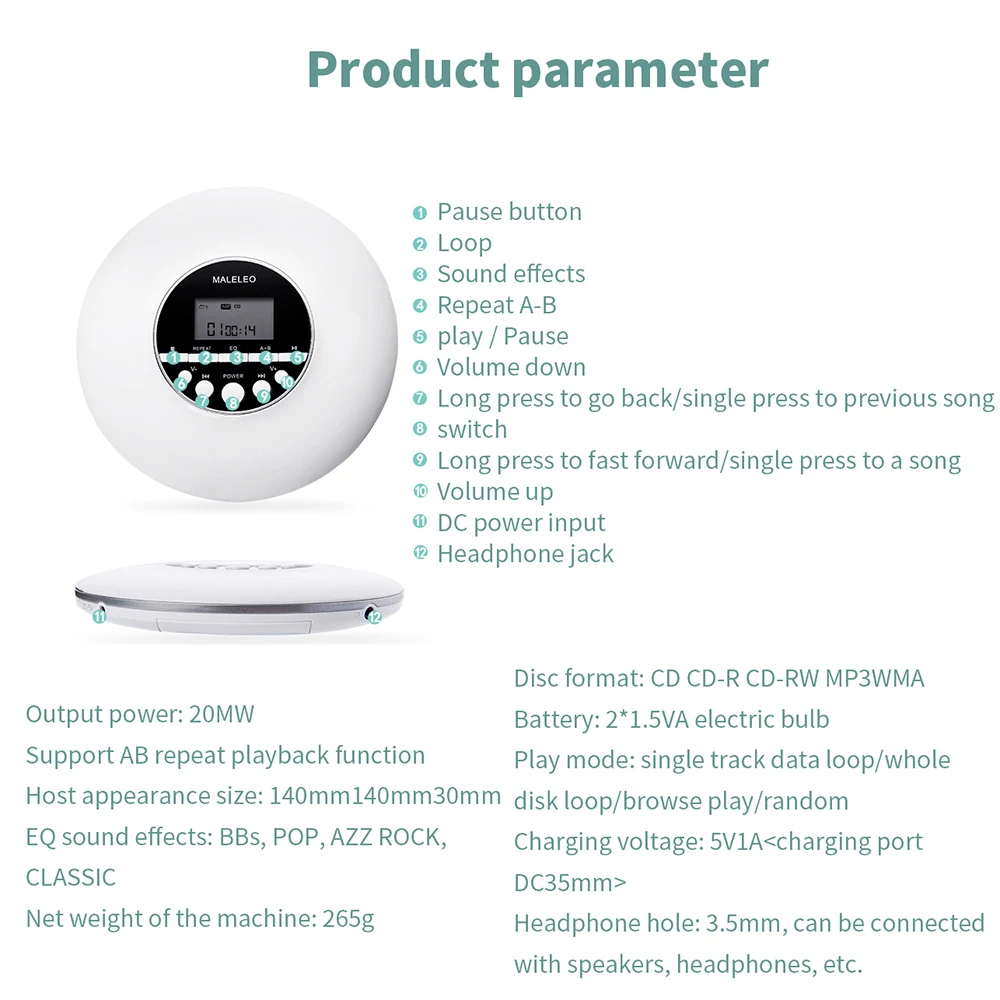 

Rechargeable Bluetooth Portable CD Player, For Family Trips & Cars,Childrens Learning, With Stereo Headset And Shock Protection