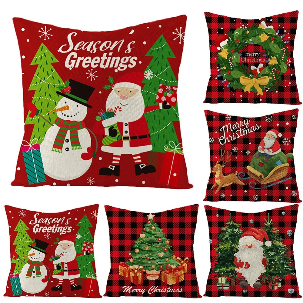 

Merry Christmas Red Series Cushion Cover Throw Pillow Case Festive Elk Snowflake Cushion Covers Santa Claus Navidad NewYear 2022