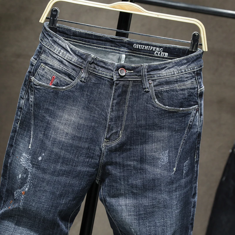 Джинсы мужские с принтом облегающие эластичные синие штаны в стиле хип-хоп