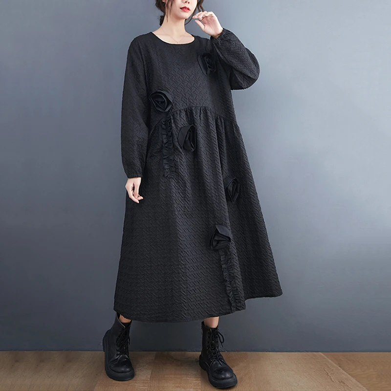 Black Floral Patchwork Vintage Dresses For Women Long Sleeve Loose Casual Dress Fashion Elegant Clothing Spring Autumn 2022