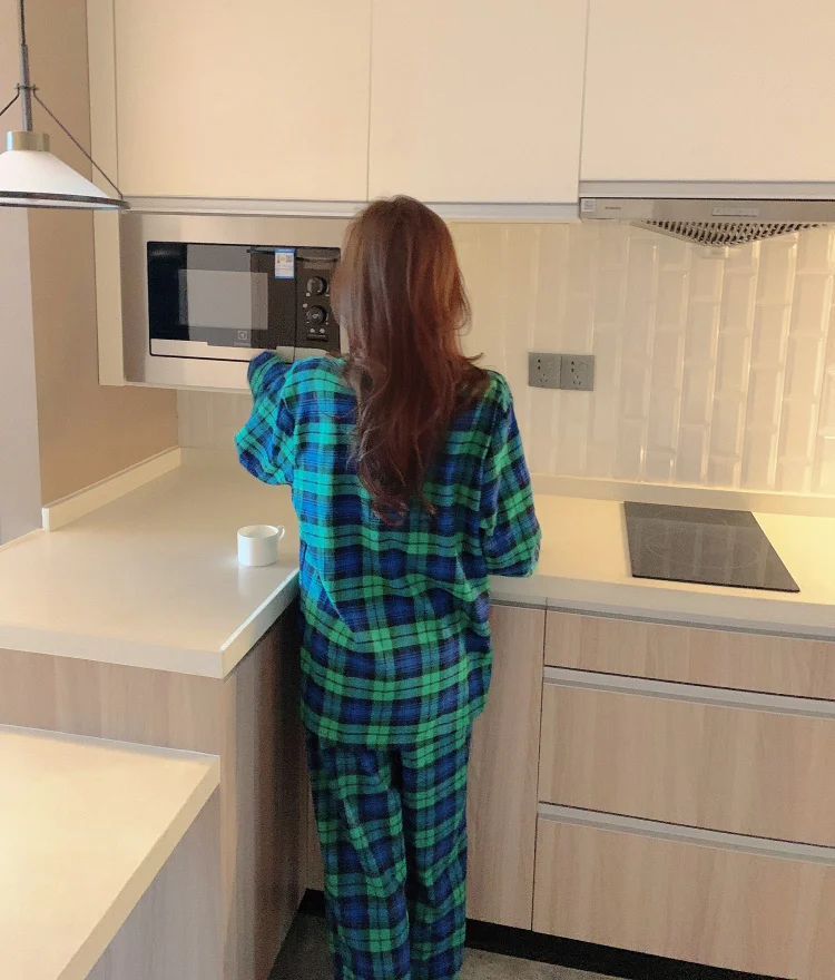 

2021 Autumn Casual Home Set Women Pajamas Set Pocket Plaid Sleepwear 2 Piece Set Lapel Collar Shirts Pants Lounge Wear Homewear