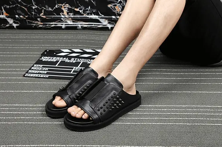 Летние мужские кожаные черные сандалии на плоской подошве с открытым носком