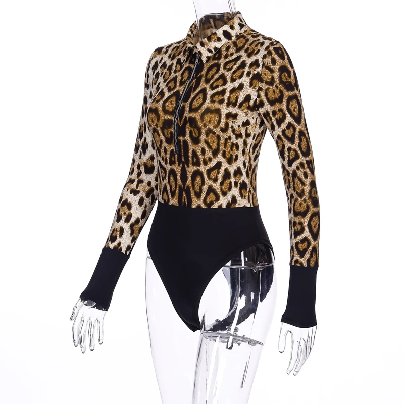 

leopard animal print bodysuit sexy women long sleeve bodycon rompers womens jumpsuit zipper body club party bodysuits patchwork