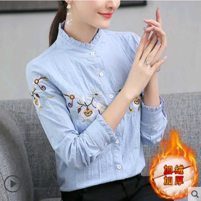 Женская блузка на осень и зиму женский топ с вышивкой белая рубашка длинным