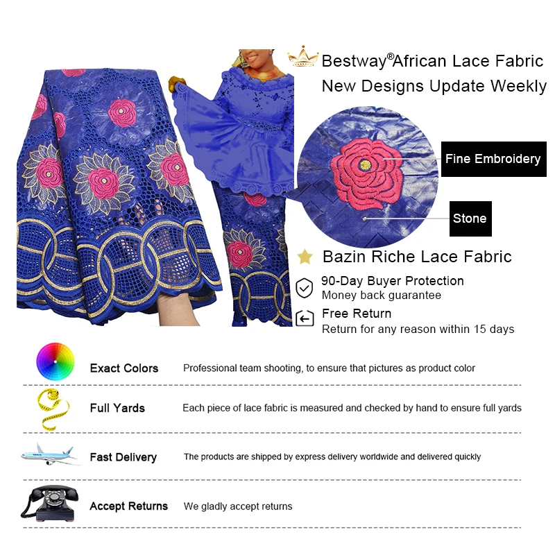 

Bestway Best Selling African Lace Fabric 5 Yards High Quality Nigerian Party Borer Embroidery Bazin Riche Getzner Lace Fabric
