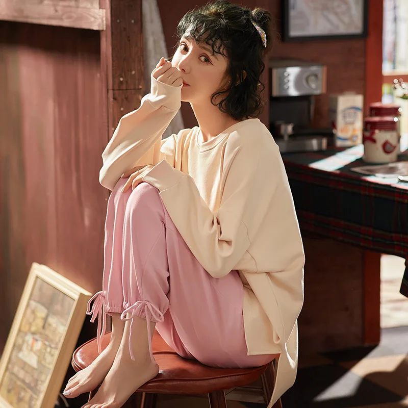 

Pure Cotton Home Service Spring and Autumn Korean Style Simple Pajamas Women 2PCS Loose Long-Sleeve Plus Size Bathrobes Pijamas