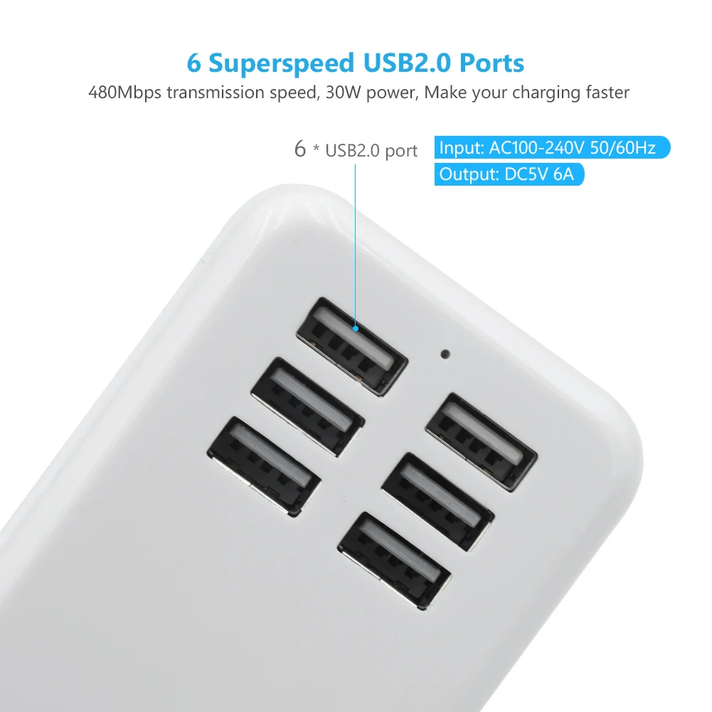 Высокое напряжение 5 В 6A 6-портовое гнездо для зарядки USB синий светодиодный