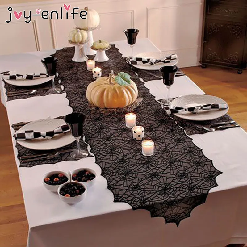 

1pcs Halloween Decoration Props Black Lace Spiderweb Fireplace Mantle Scarf Cover Tablecloth Festive Party Supplies