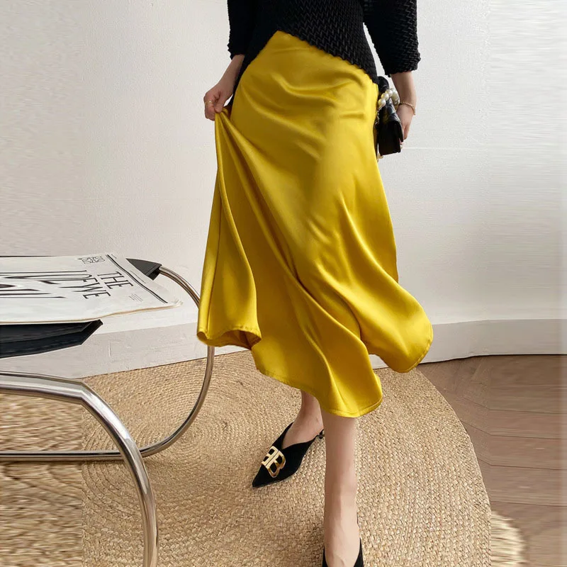 

Юбка Женская атласная с завышенной талией, однотонная трапециевидная Длинная элегантная повседневная миди-юбка, лето 2021