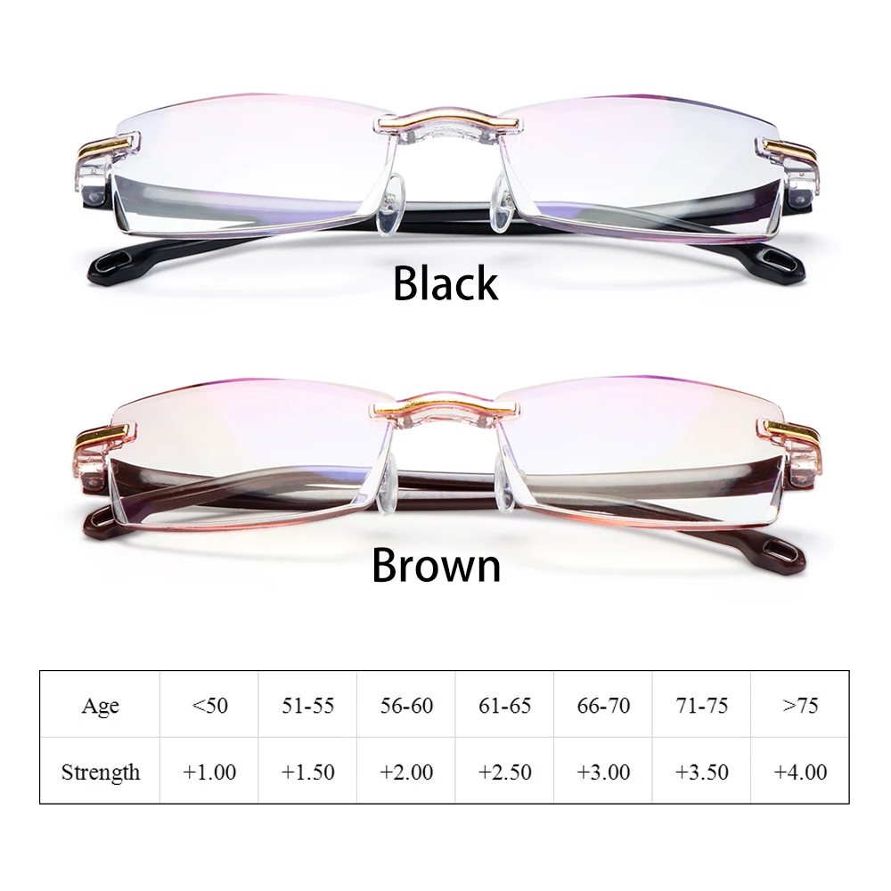 

Men Women Rimless Reading Glasses Bifocal Far Near Anti Blue Light Magnification Eyewear Presbyopic Glasses Diopter +150 TR90