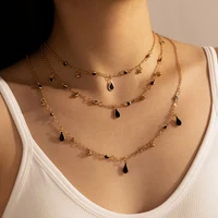 huatang boho black crystal pendant necklace for women multilayer water drop charming clavicle chain choker female party jewelry