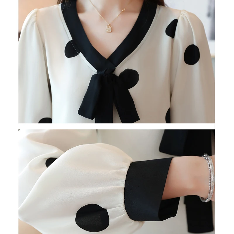 Women Blouses 2021 Chiffon Polka Dot Blouse Loose V-Neck Lace Long Sleeve Top Blusas