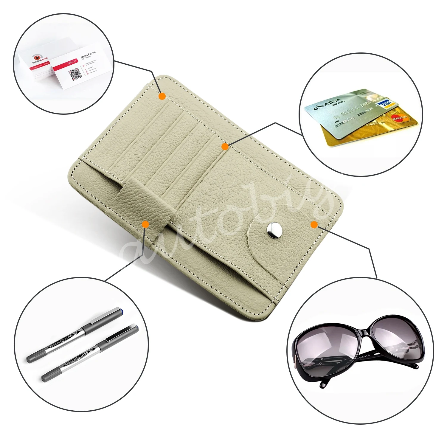 

Car Sun Visor Multi-function Accessories Beige Leather Pen Holder Pocket Card Glasses Small Change Catcher Case Patrs