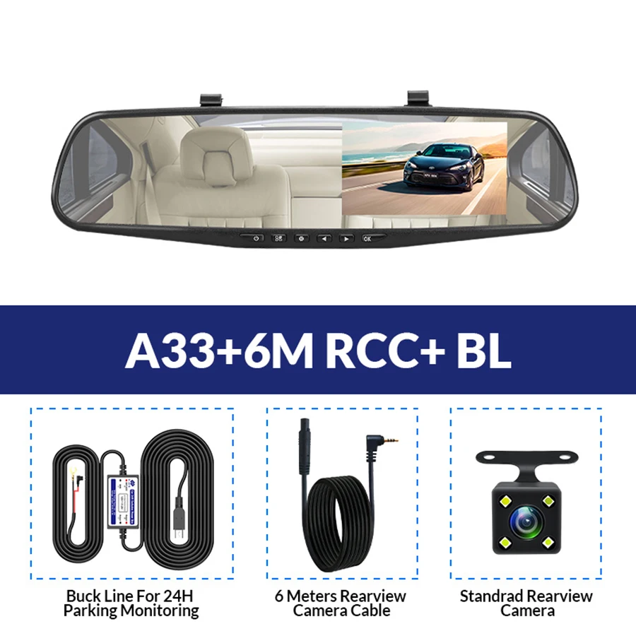 A33-6M RCC-BL E-ACE Автомобильная Dvr камера FHD 1080P Dash Cam 4,3 дюймов зеркало заднего вида видео регистратор с камерой заднего вида видеокамера Авто Регистратор - Название цвета: A33-6M RCC-BL