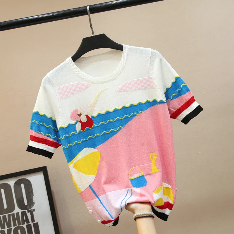 

Шикарный вязаный футболки новые 2021 сезон весна-лето; Милые футболки женские топы A321