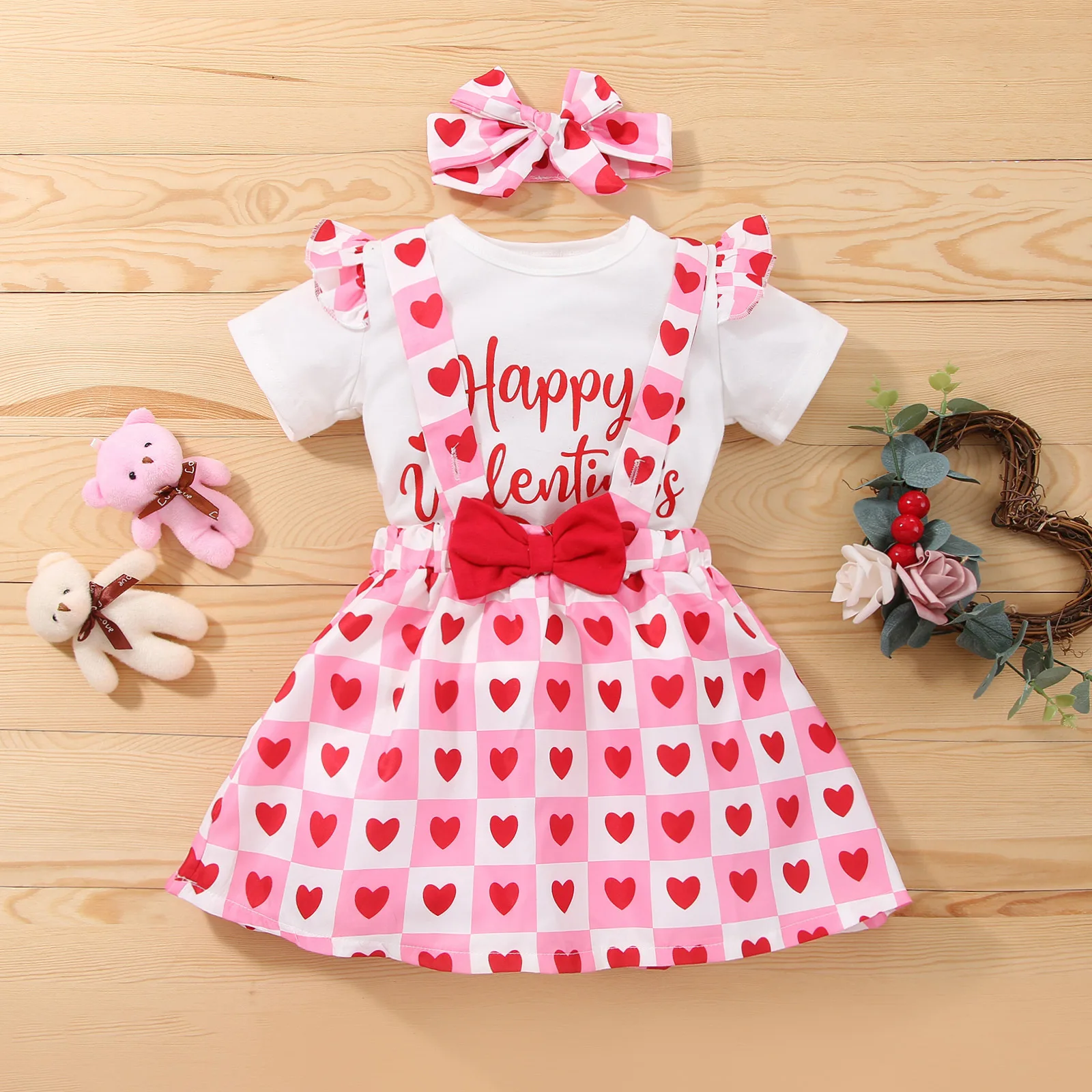 

Baby Valentine's Day Summer Toddler Baby Girl Red Clothes Set Ruffles Short Sleeve T Shirt Love Grid Strap Skirts Outfit