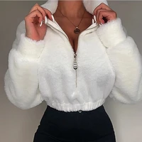 loose winter warm crop tops streetwear solid color fully stand neck long sleeve women zip up pullover sweatshirt for girls white