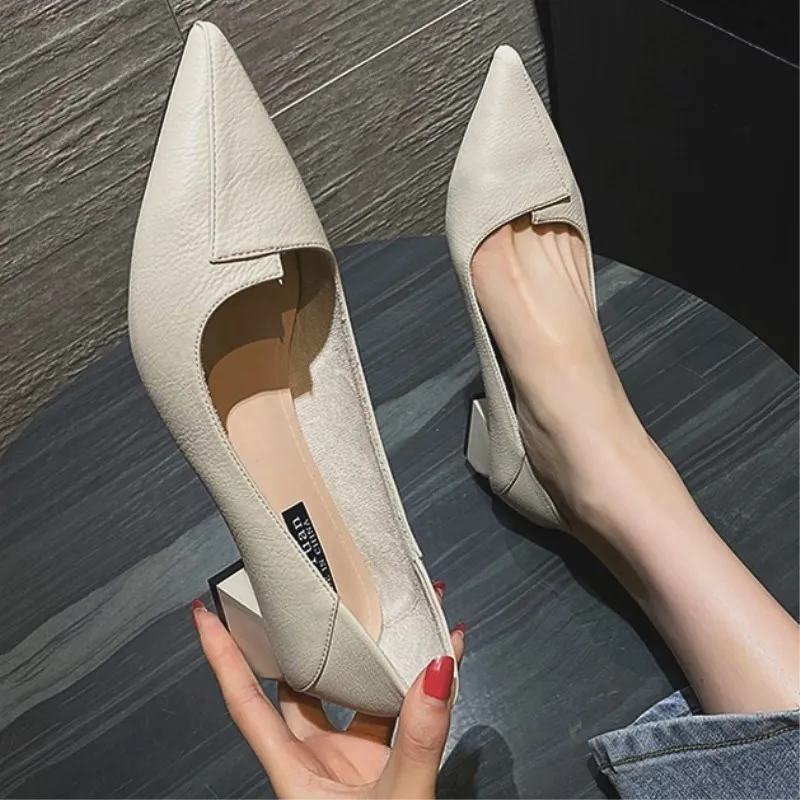 

SLHJC Casual Med Chunky Heels Shoes Pointed Toe Slip On Leather Pumps Women Office Work Shoes 4 cm