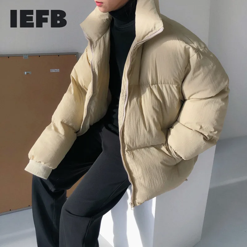 IEFB Men's New Fashion Autumn Winter Jacket Men Solid Loose Casual Tide Thicken Stand Collar High Street Cotton Coat Male 9A478