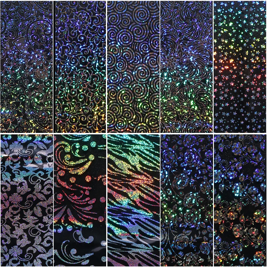 10pc Holographic Foils Nail Transfer Wraps Lace Flower Snowflake Clear Black Adhesive Sticker Set Nail Foil Gradient Tips CH1040