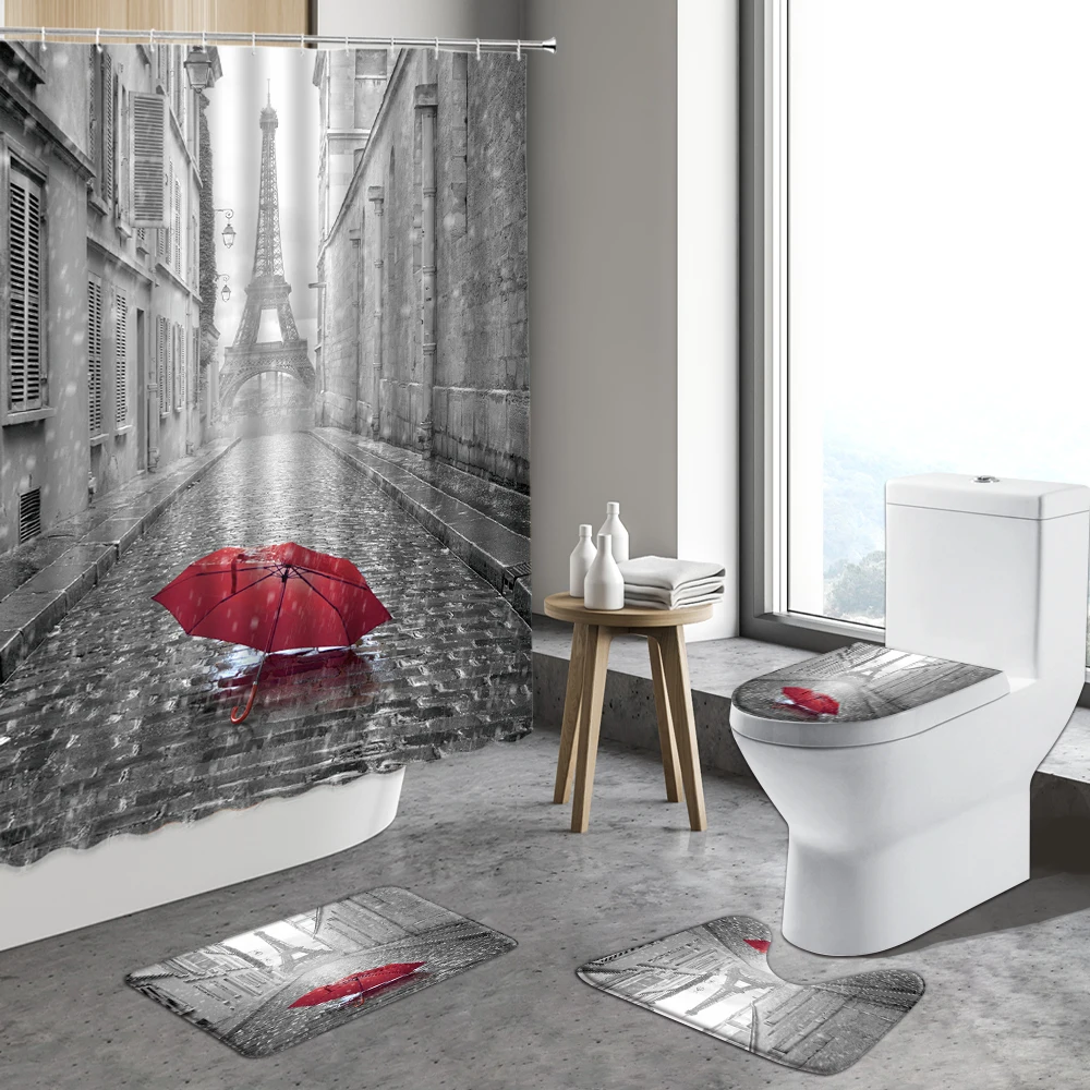 

Black White Gray Shower Curtain Set Bath Mat Red Umbrella France lron Tower Street View Deco Bathroom Non-slip Rug Toilet Carpet