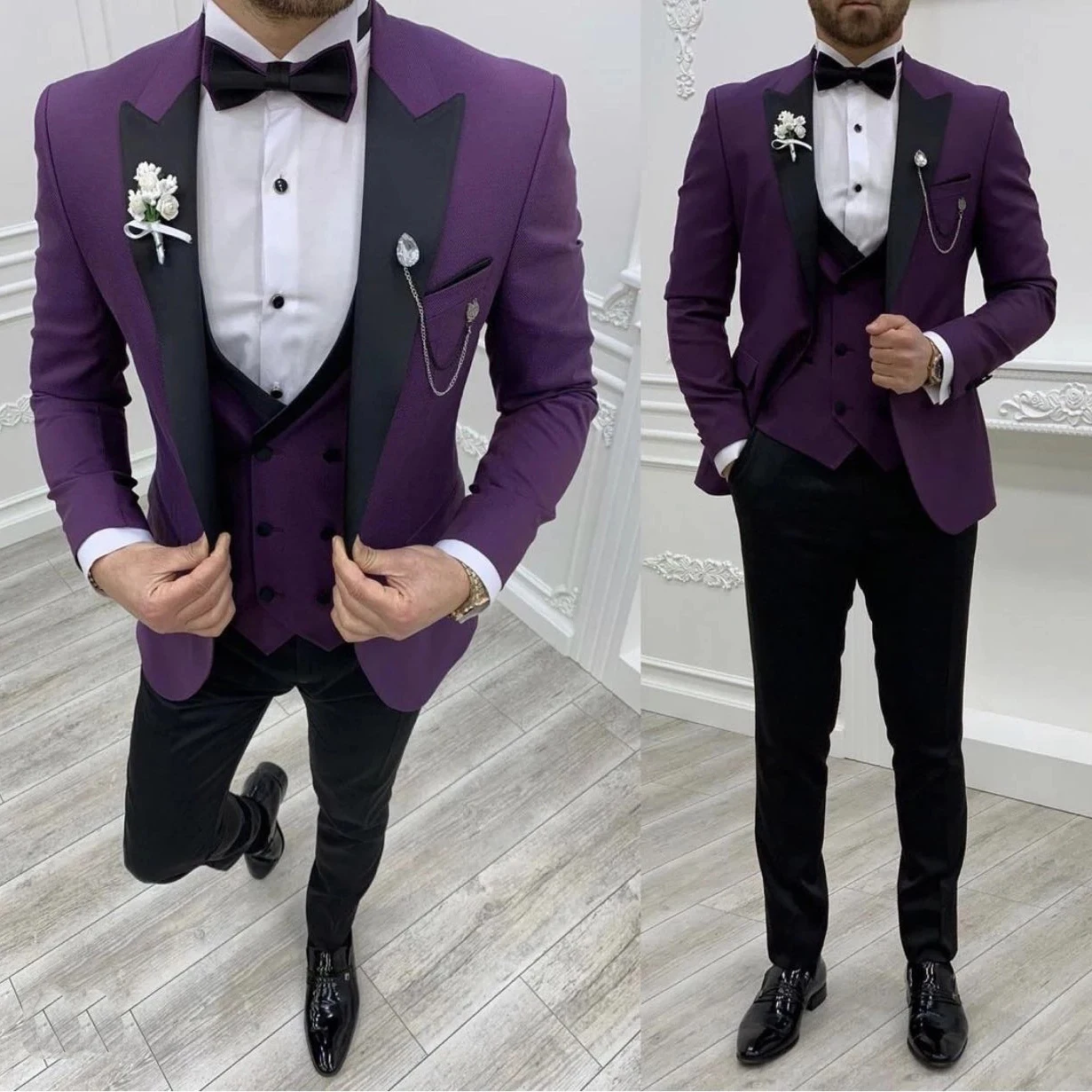 

Изготовленный На Заказ Фиолетовый брикет для жениха облегающая деловая рабочая одежда Мужской Блейзер жилет брюки костюм для брака