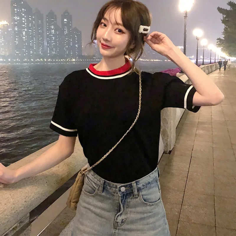 

Summer Woman Short Sleeve Tees Thin Knitted Cotton T Shirt Women Tops Striped Casual T-Shirt Female Tshirt Femme