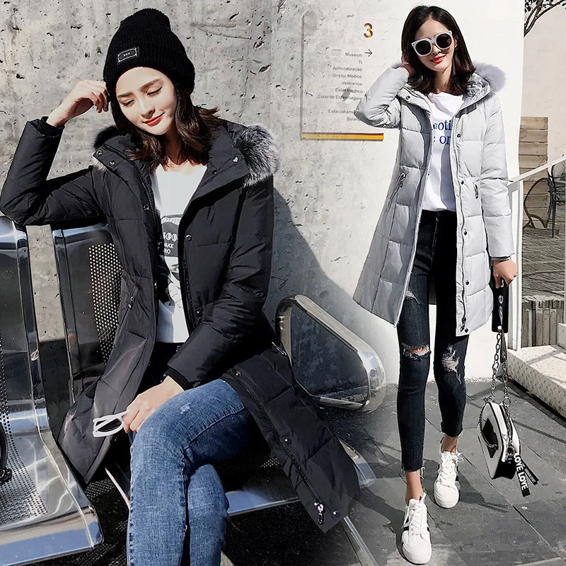 

Женский зимний пуховик с воротником из лисьего меха, модная Толстая куртка на белом утином пуху, женская уличная Повседневная хлопковая кур...