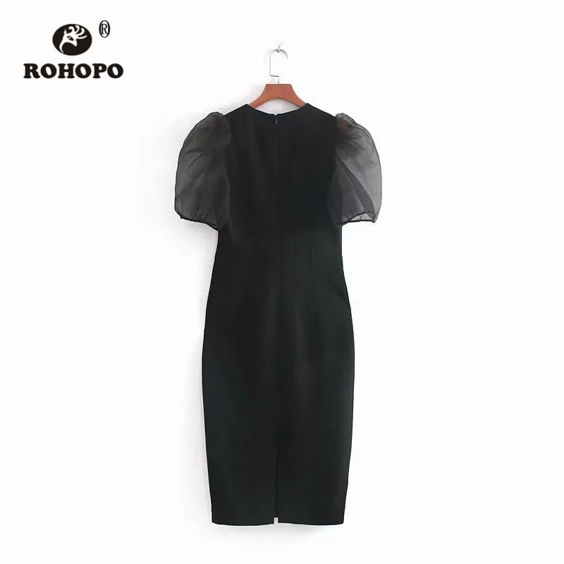 ROHOPO Tulle Puff рукав круглый воротник назад подол скольжения Bodycon черное женское платье-миди элегантные тонкие Вечерние платья#9352
