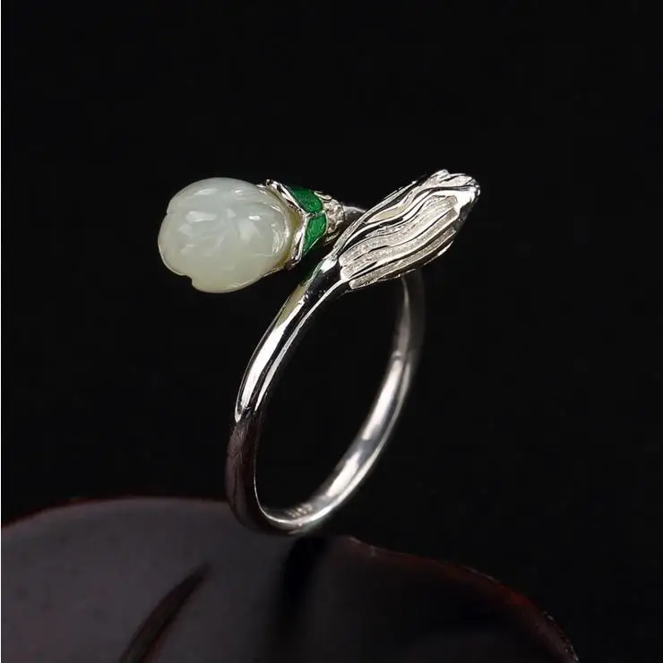 

S925 Sterling Silver Hetian Jade Magnolia Cloisonne Inlaid Ring Magnolia Silver Ring Women's Open Ring
