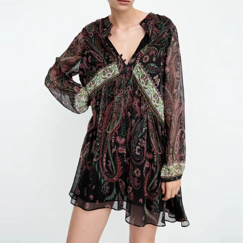 

2021 Print Chiffon Dress Woman Vintage Short Dresses Women Pleated Mini Summer Loose Dress Long Puff Sleeve Casual Dress