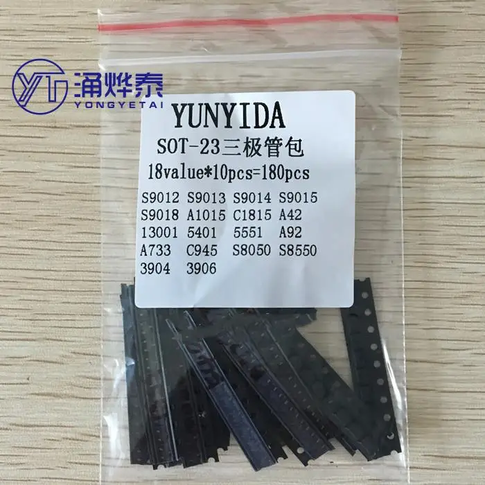 

YYT 180pcsTransistor Assorted Kit (SOT-23)18kinds 10pcs 2N2222 S9013 S9014 S9015 S9018 S8050 S8550 5551 5401 2N3904 2N3906 C1815