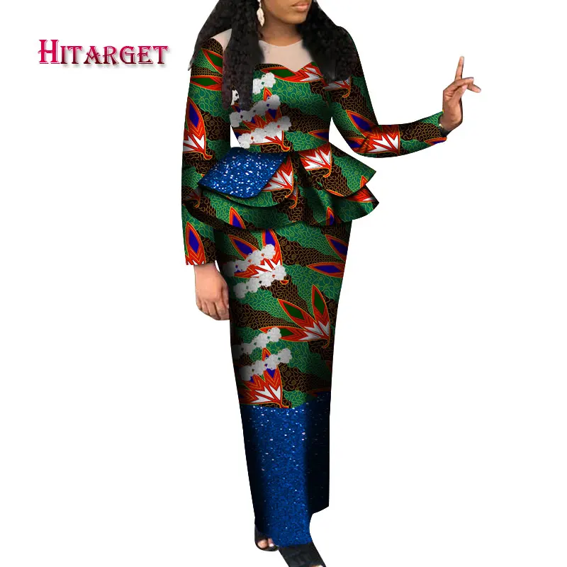 

New Fashion Africa Wax Print 2 Pieces Skirt Sets Bazin Riche Women African Style Clothing Crop Top and Straight Skirt Set WY7162