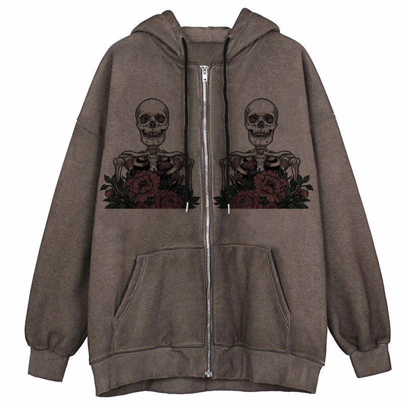 

Men Hip Hop Streetwear Hooded Jacket Skull Dark Print Jacket Harajuku Punk Autumn Winter Jacket Outwear Y2k Zipper E-girl Coats