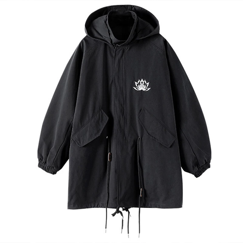 

Hooded Flower Embroidery Jackets Coats Men Streetwear Hip Hop Casual Oversized Male Autumn Pockets Lace Up Black Option Outwear
